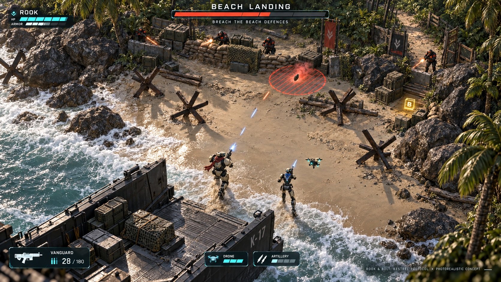Concept art of the Breakwater beach landing and its coastal defences.