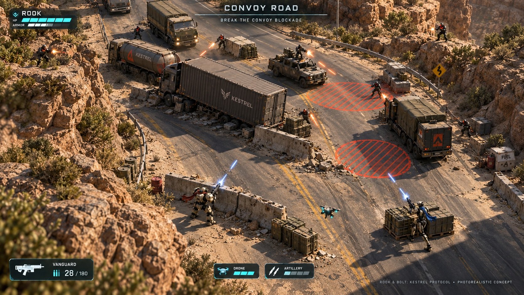 Concept of a desert convoy road between rocky canyons.