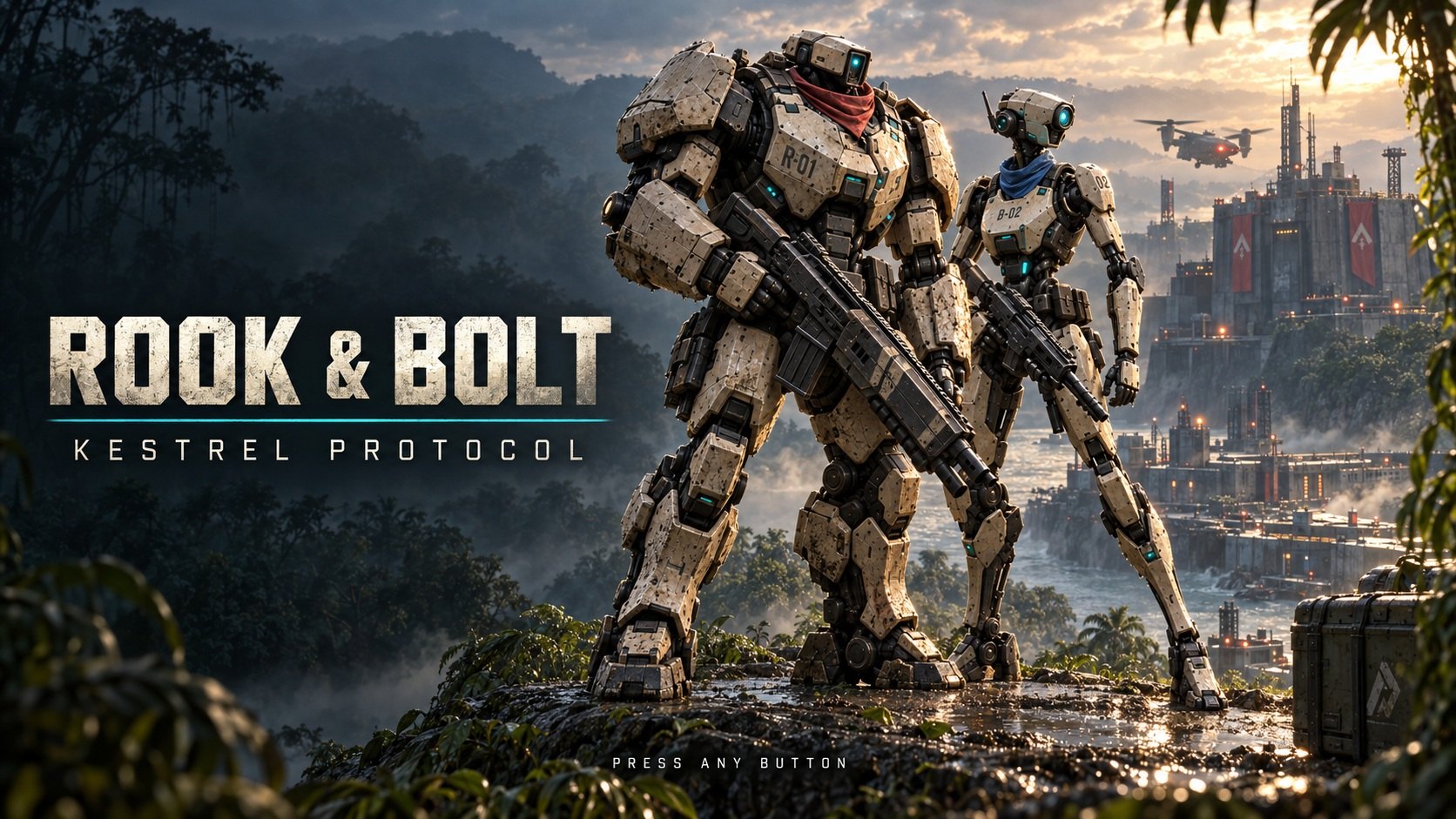 Rook in a red scarf and Bolt in a blue scarf survey a jungle fortress beneath the Rook and Bolt title.