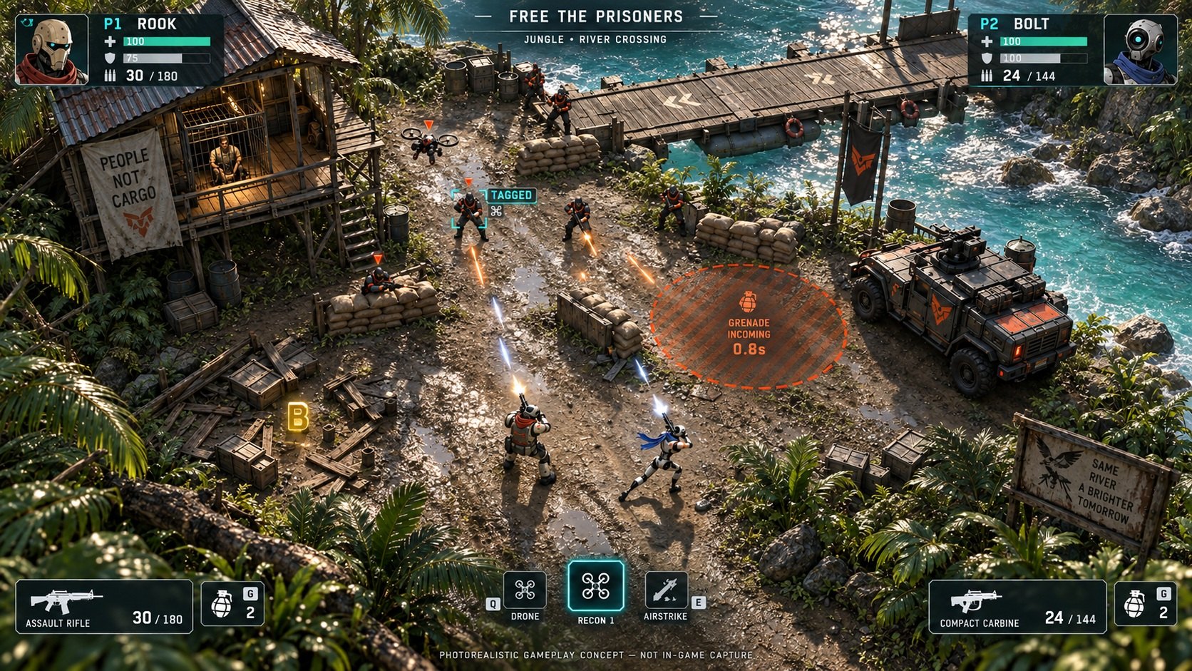 Concept of a fortified jungle river crossing.